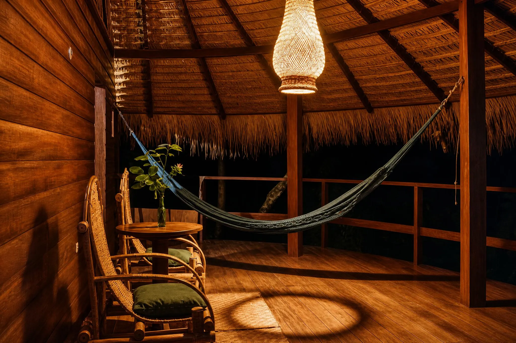 Varanda de uma bangalô à noite, com rede e luminária de fibra acesa