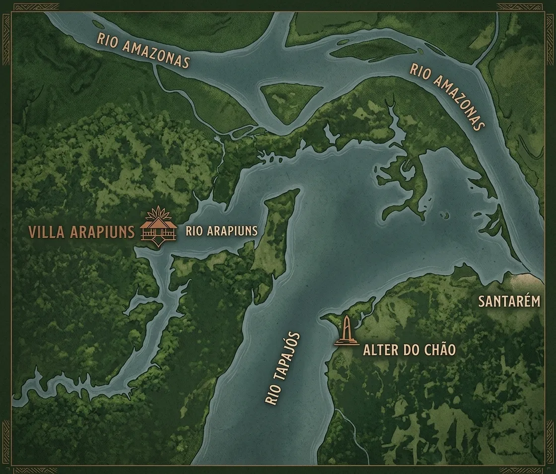 Mapa da região: a Villa Arapiuns fica na margem do rio Arapiuns, a oeste. A leste, onde o rio Tapajós encontra o rio Amazonas, ficam Alter do Chão e, mais adiante, Santarém.