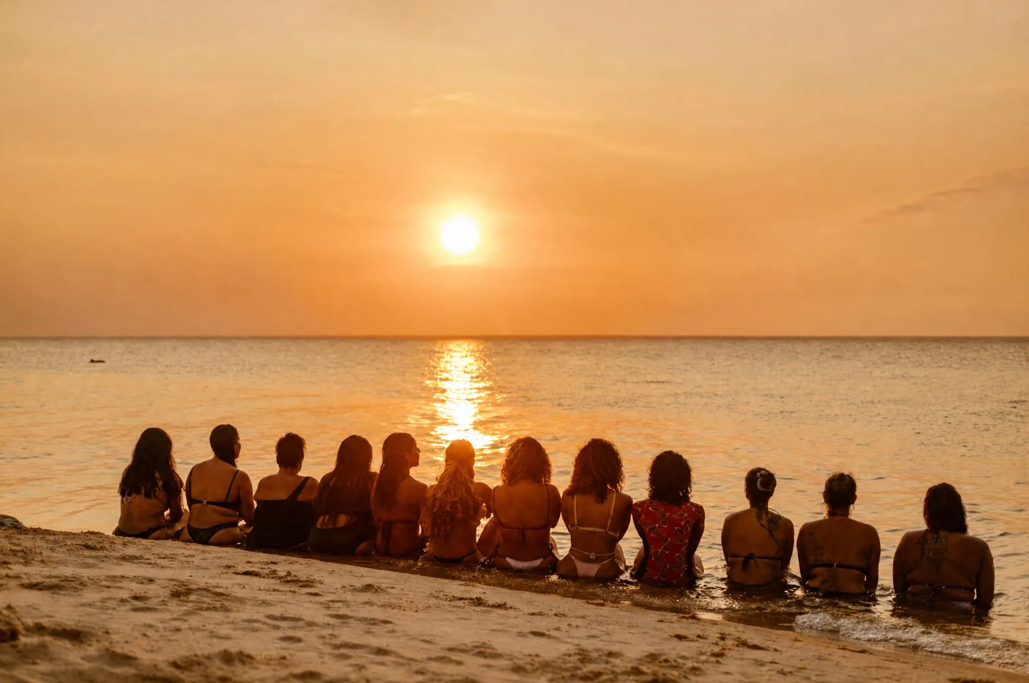 Fileira de pessoas sentadas na beira da praia, de costas, vendo o sol baixar e abrir um rastro dourado na água