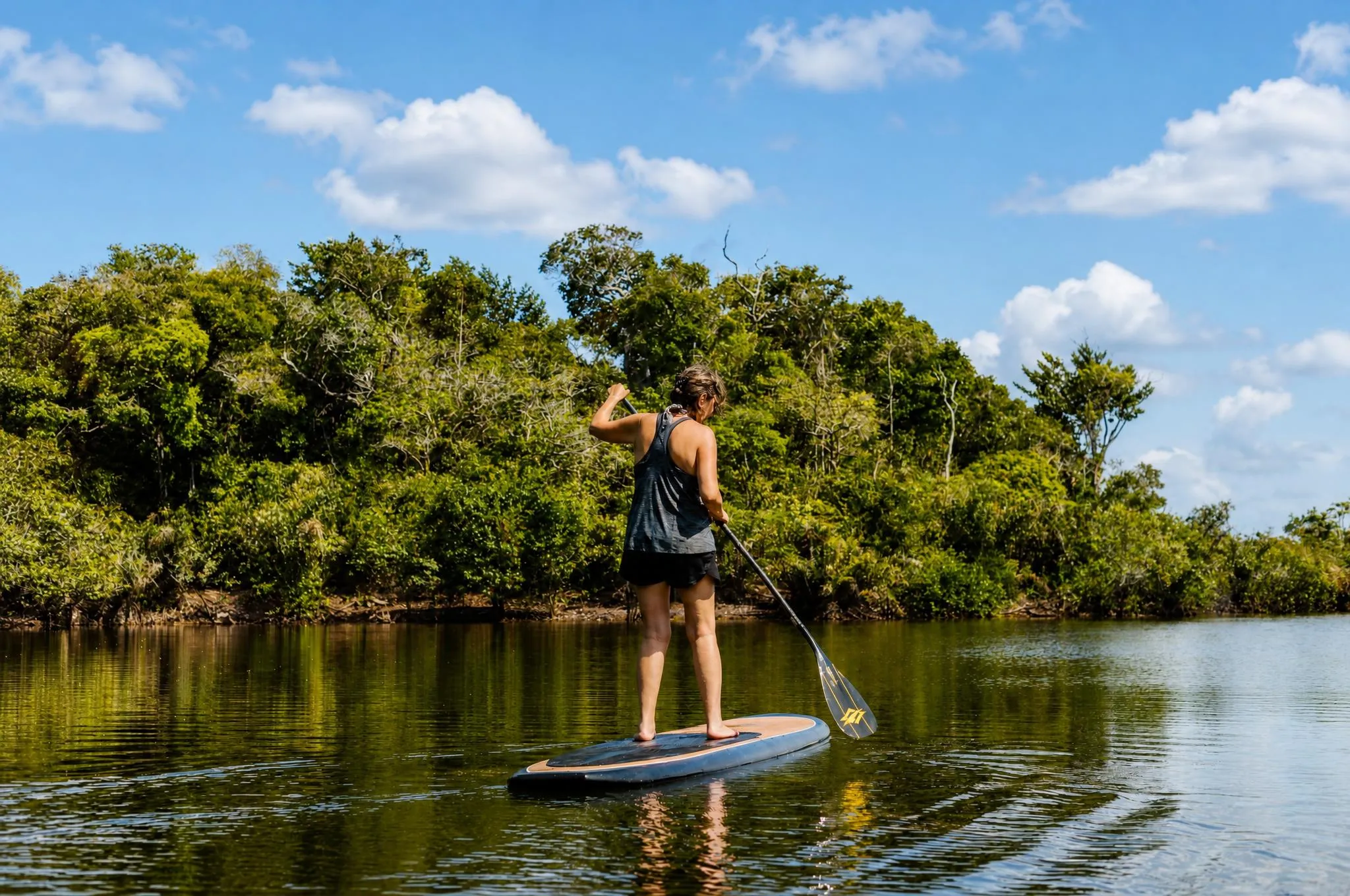 A person standing on a stand-up paddleboard, paddling across calm water facing a bank of low forest